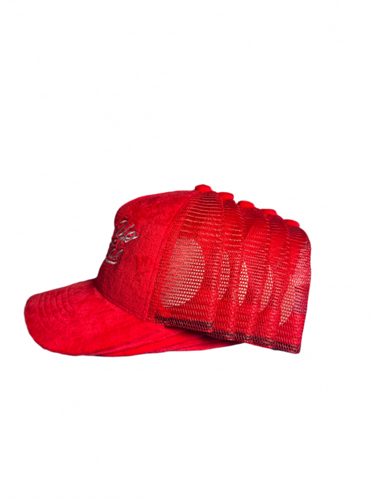 Wake Up Suckas Script Red Velvet Trucker